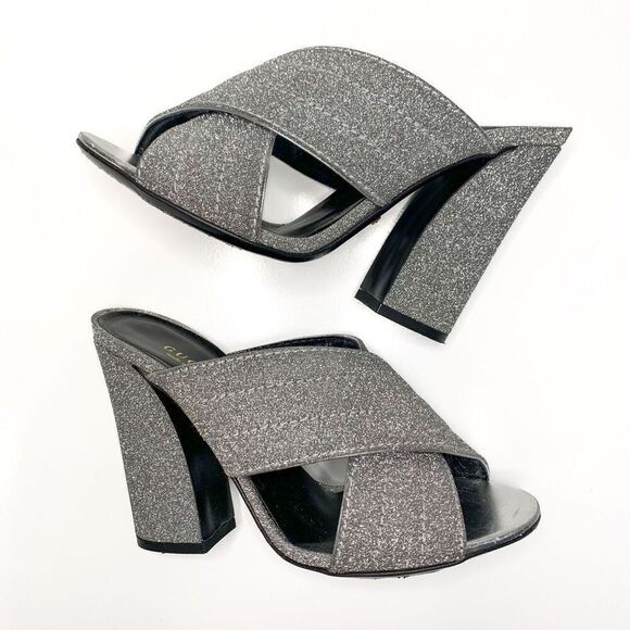Gucci Webby Mules EU 36.5 US 6.5 Silver Glitter Block Heel Criss Cross Sandals - Picture 5 of 9